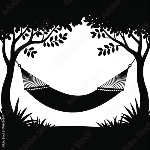 Hammock hanging between trees branches leaves