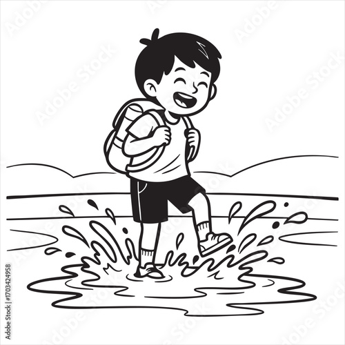 Joyful boy with backpack happily splashing through puddles after rain fun outdoor activity