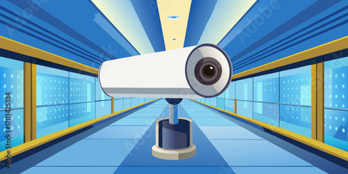 A modern, high-definition security camera mounted indoors, with a sleek white cylindrical design. The camera is in sharp focus, angled slightly downward as if monitoring the area. The background is a 