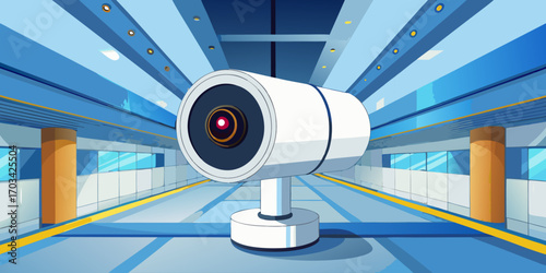 A modern, high-definition security camera mounted indoors, with a sleek white cylindrical design. The camera is in sharp focus, angled slightly downward as if monitoring the area. The background is a 