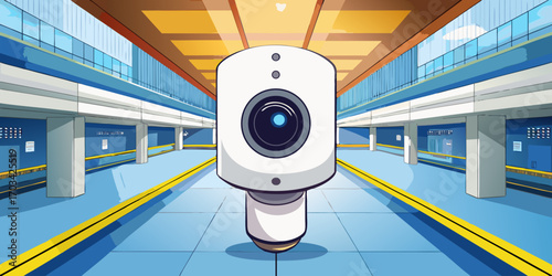 A modern, high-definition security camera mounted indoors, with a sleek white cylindrical design. The camera is in sharp focus, angled slightly downward as if monitoring the area. The background is a 