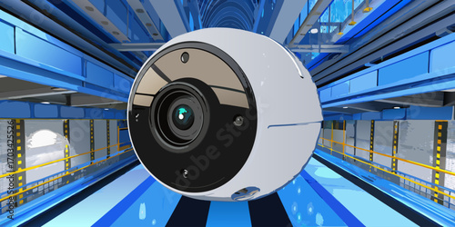 A modern, high-definition security camera mounted indoors, with a sleek white cylindrical design. The camera is in sharp focus, angled slightly downward as if monitoring the area. The background is a 