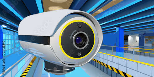 A modern, high-definition security camera mounted indoors, with a sleek white cylindrical design. The camera is in sharp focus, angled slightly downward as if monitoring the area. The background is a 