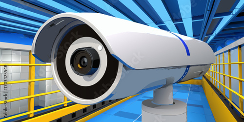 A modern, high-definition security camera mounted indoors, with a sleek white cylindrical design. The camera is in sharp focus, angled slightly downward as if monitoring the area. The background is a 