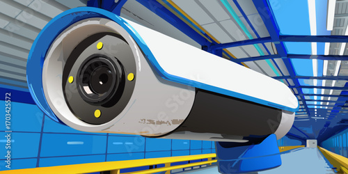A modern, high-definition security camera mounted indoors, with a sleek white cylindrical design. The camera is in sharp focus, angled slightly downward as if monitoring the area. The background is a 