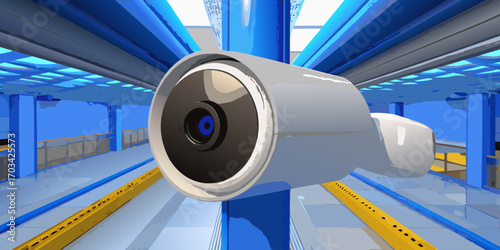 A modern, high-definition security camera mounted indoors, with a sleek white cylindrical design. The camera is in sharp focus, angled slightly downward as if monitoring the area. The background is a 