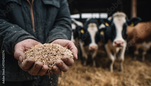 Farmer holding animal feed grains in hands with dairy cows in the background, symbolizing livestock farming, agriculture, organic production and sustainable food industry.