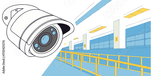 A modern, high-definition security camera mounted indoors, with a sleek white cylindrical design. The camera is in sharp focus, angled slightly downward as if monitoring the area. The background is a 
