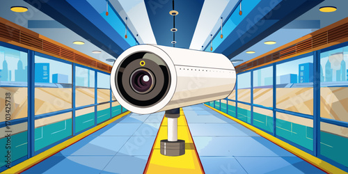A modern, high-definition security camera mounted indoors, with a sleek white cylindrical design. The camera is in sharp focus, angled slightly downward as if monitoring the area. The background is a 