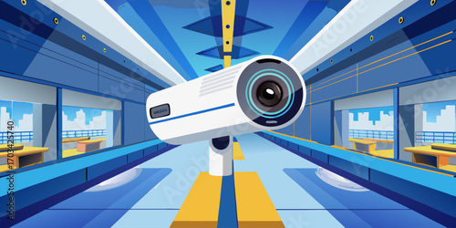 A modern, high-definition security camera mounted indoors, with a sleek white cylindrical design. The camera is in sharp focus, angled slightly downward as if monitoring the area. The background is a 