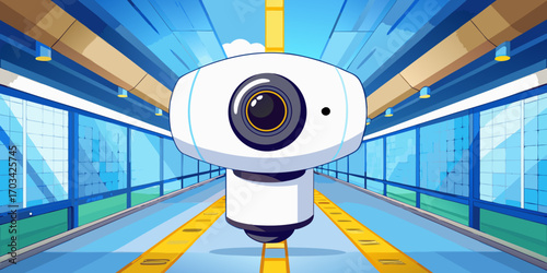 A modern, high-definition security camera mounted indoors, with a sleek white cylindrical design. The camera is in sharp focus, angled slightly downward as if monitoring the area. The background is a 