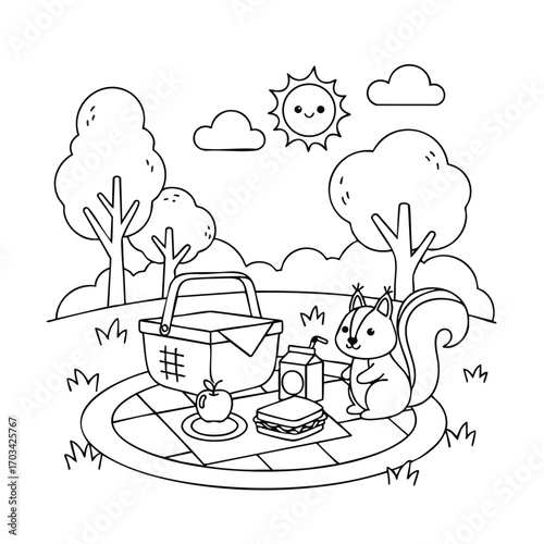 Cute squirrel enjoying a picnic with a basket, sandwich, juice box, and on a blanket in a sunny park