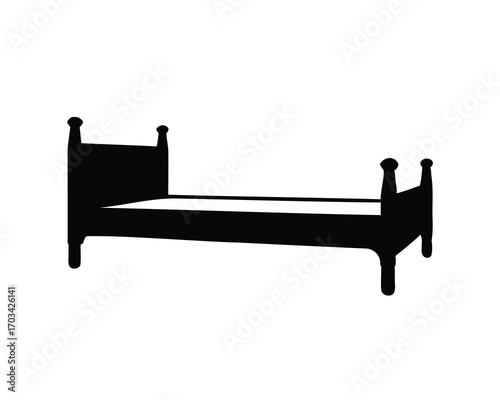 Simple black and white silhouette of a bed with corner posts