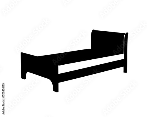 A striking silhouette of a single bed frame against a white backdrop