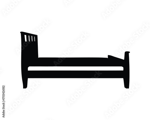 Simple black silhouette of a classic bed frame isolated on white background