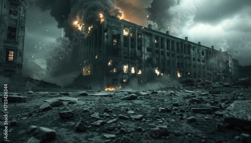 Dramatic scene of a burning building amidst a post-apocalyptic landscape with smoke and debris