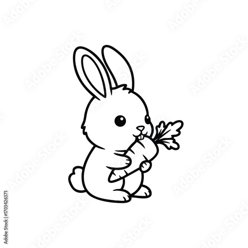 Cute cartoon bunny holding and nibbling on a fresh carrot with leafy greens in a simple black and white line art style