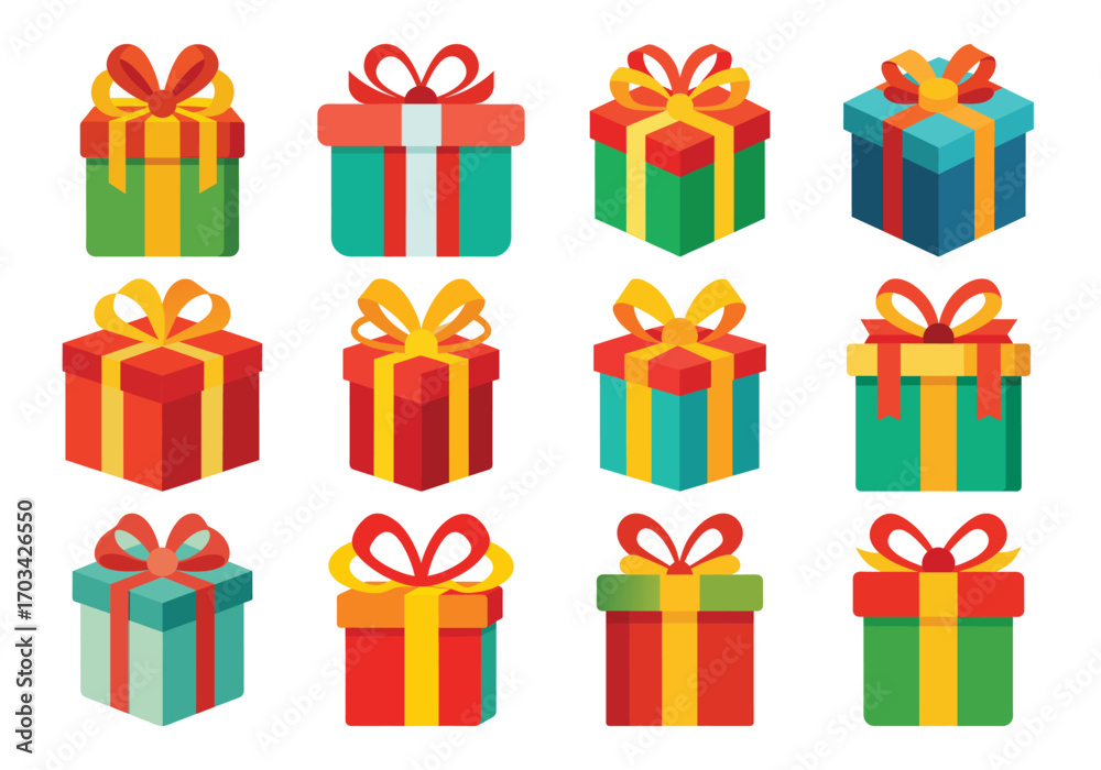 Fototapeta premium Twelve Colorful Gift Boxes with Bows for Holiday Designs