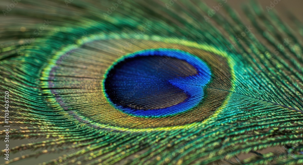 Naklejka premium Stunning macro shot of a peacock feather showcasing vibrant colors and intricate details, perfect for design and artistic projects