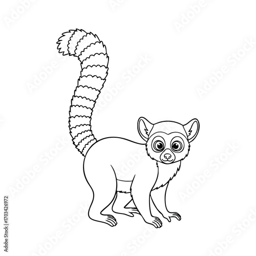 Black and white line drawing of a small lemur with a striped bushy tail standing on all fours facing forward