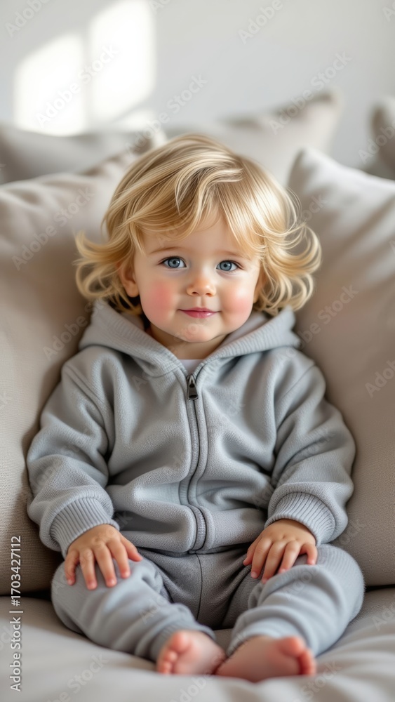 Fototapeta premium Toddler with red cheeks from cold, sitting on beige couch, wearing light grey zip-up hoodie, matching pants. Concept of toddler with red cheeks from cold, temperature, innocence, warmth.