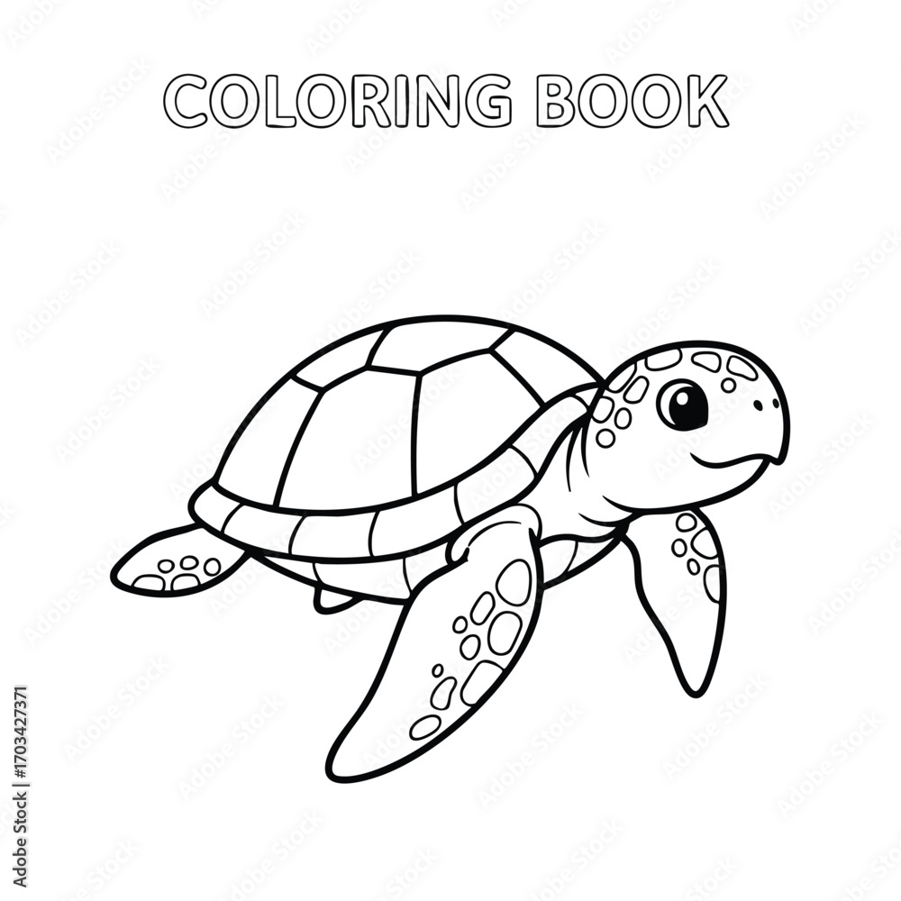 Fototapeta premium Cute cartoon sea turtle illustration for a children's coloring book with simple bold outlines and friendly expression