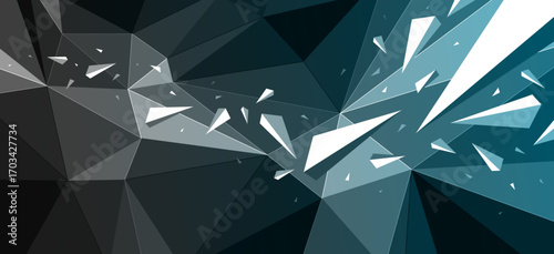 Polygonal broken structure surface made with low poly elements and flying debris particles, broken mess and chaos concept, dynamic abstraction in dark blue color.