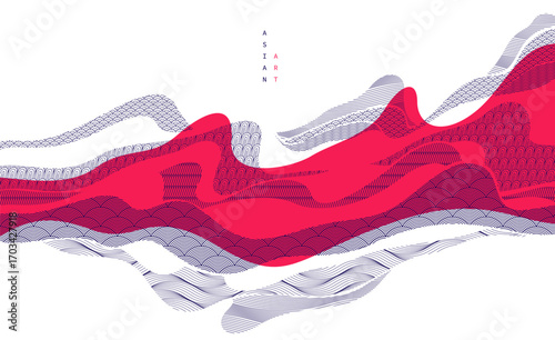 Nature art oriental Japanese style vector abstract background in red colors, runny like water shapes and lines with textures.