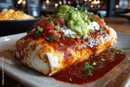 Mission burrito with refried beans, beef sauce, guacamole sauce.