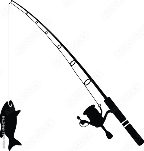 Black fishing rod with caught fish fishing reel black silhouette