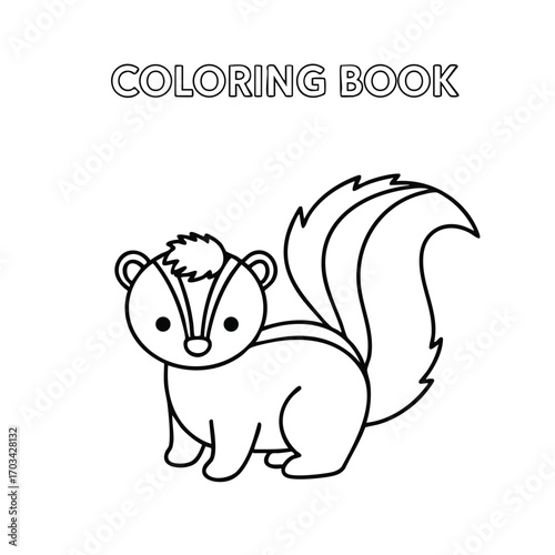 Cute cartoon skunk illustration in black and white outline style for children's coloring book page design