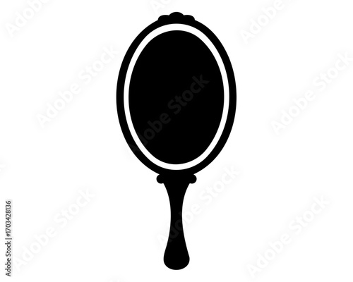 Elegant hand mirror with oval shape and decorative top in black silhouette