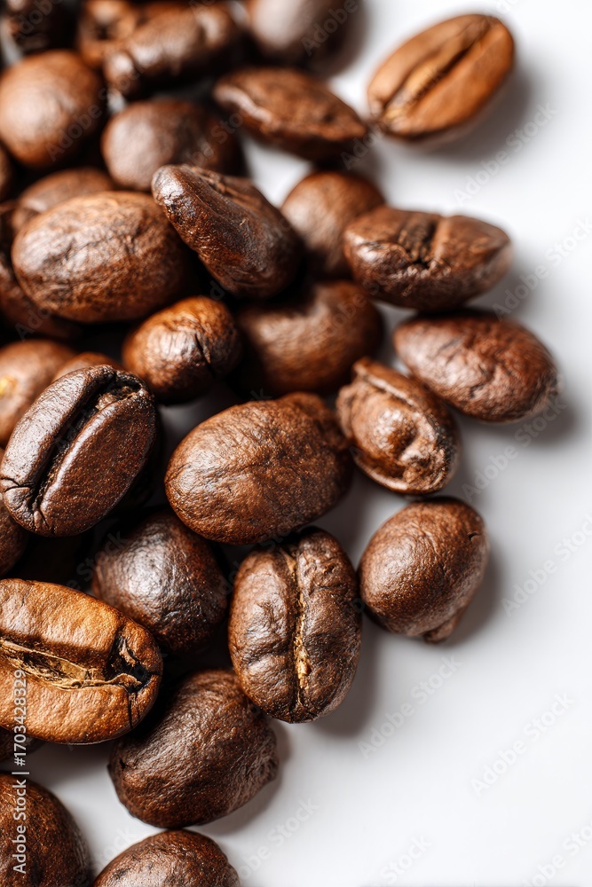 Naklejka premium Close-up shot of a small pile of roasted coffee beans, scattered on a bright white background. The beans are dark brown, and their surfaces show slight variations in texture and sheen