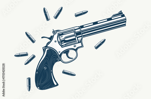 Detailed revolver shotgun and bullets vector illustration in a classic graphic design style, beautiful gun drawing.