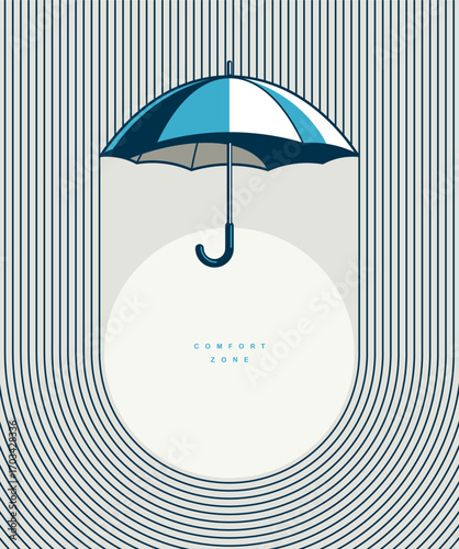 Comfort zone concept poster, umbrella covers safe space of stability vector icon style illustration,
