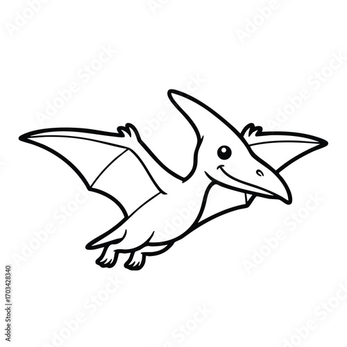 Cute cartoon pterodactyl flying with outstretched wings and smiling face in black and white line art style
