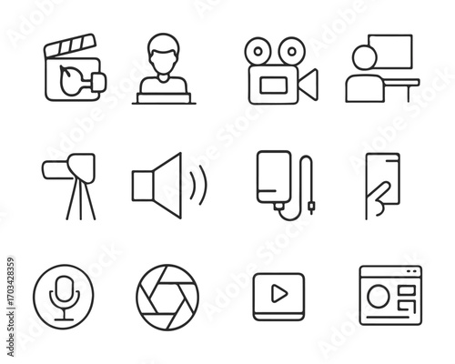 Set of outline icons related to photography. Linear icon collection
