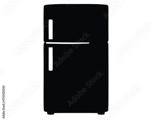 A black and white silhouette of a top freezer refrigerator appliance