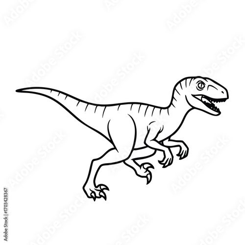 Black and white line art illustration of a small theropod dinosaur with sharp claws and teeth in a dynamic pose