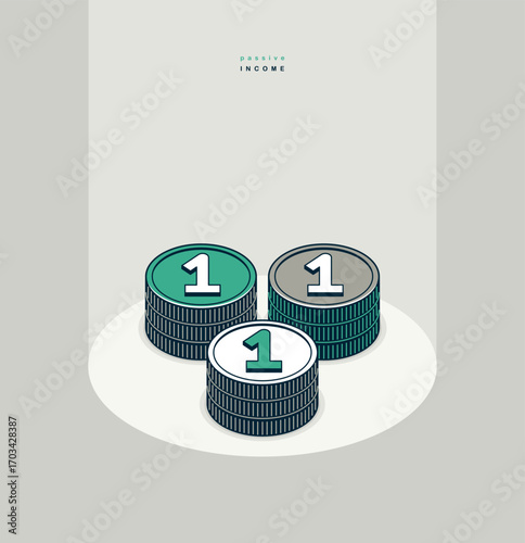 Passive income concept poster, coin stack vector icon style illustration, revenue and interest metaphor, royalty.