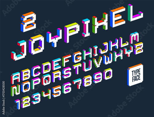 Child constructor colorful minimal 3D square vector font, dimensional cubic letters and numbers alphabet in toy style, block multicolored geometric simplistic typography.