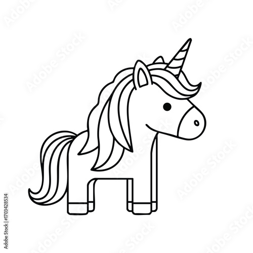 Black and white line drawing of a cute unicorn with a flowing mane and a spiraled horn facing right side profile