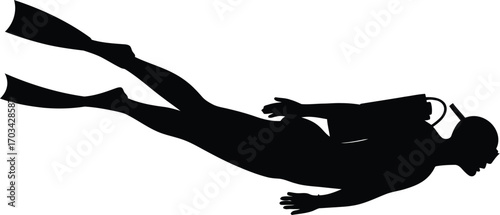 Black silhouette of a diver swimming underwater scuba