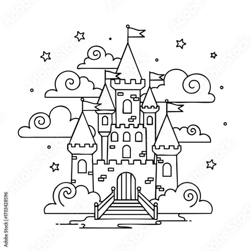 Black and white line art of a fantasy castle with multiple towers, flags, stars, clouds, and a staircase entrance