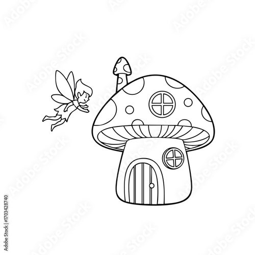 Black and white line art of a fairy flying next to a whimsical mushroom house with and a door