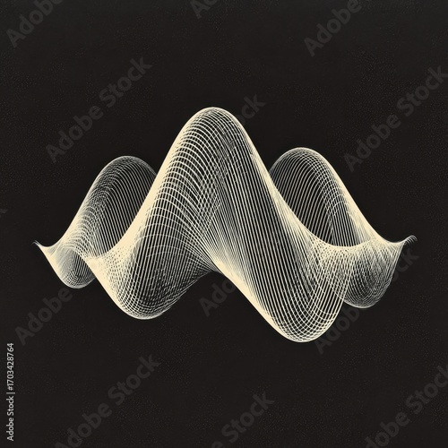 Abstract beige waveform on dark background, rendered with fine lines creating a three-dimensional, flowing, undulating form