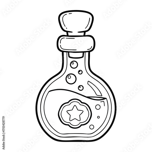 Black and white line art of a potion bottle with stopper and star emblem containing liquid and bubbles inside