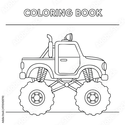 Black and white coloring book page featuring a detailed monster truck with large tires and suspension system