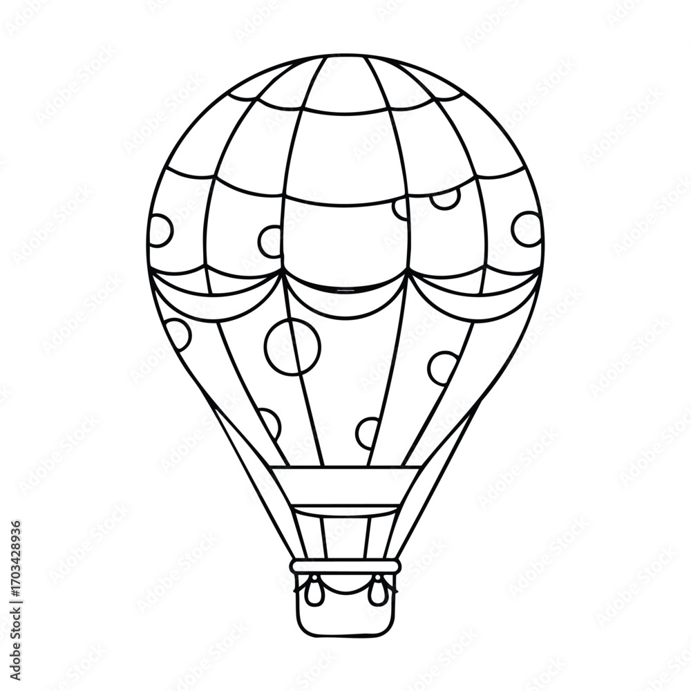 Obraz premium Black and white line drawing of a decorative hot air balloon with a patterned envelope and basket for flying