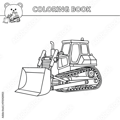 Black and white line art of a bulldozer with tracks and a front blade for coloring book activity page